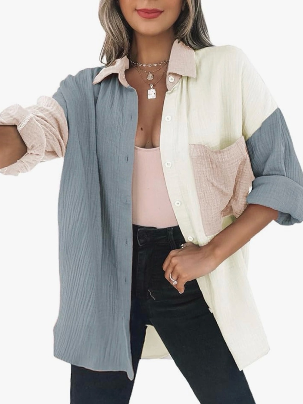 Colorblock Cotton Button-Up Shirt - Blue, Cream & Pink